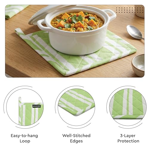 Image of Encasa XO 100% Cotton Apron Set for Women & Men with Adjustable Apron, Oven Gloves & Pot Holder (Pack of 3) Combo, Heat-Resistant, Soft & Durable for Cooking, Baking & Grilling (Franca Lime Stripes)