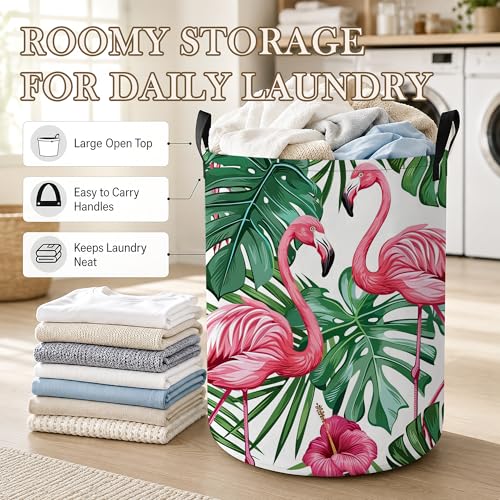 Image of Tropical Flamingo Laundry Basket, Palm Leaves Collapsible Laundry Hamper Waterproof Oxford Cloth With Handles, Clothes Storage Bucket For Bathroom /Bedroom 16 inch x 20.8 inch