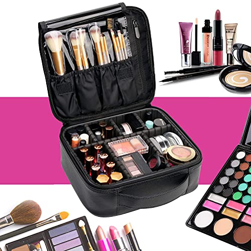 VASKER Makeup Case Travel Makeup Bags Organizer for Women Professional Leather Cosmetic Bag Train Case Box Storage Black Portable Brush Holder with Adjustable Divider Gift for Girl Women