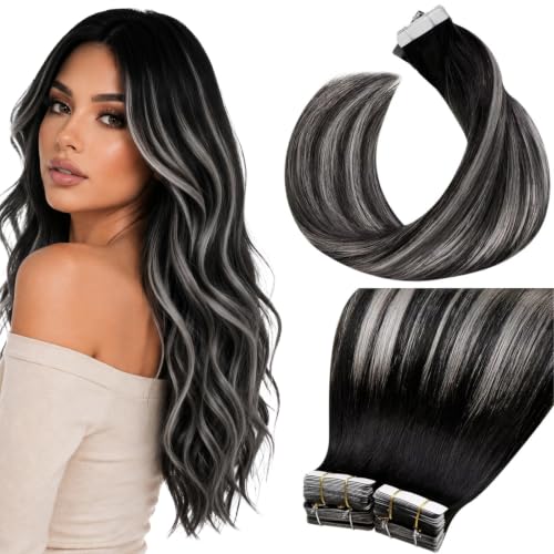 Image of LaaVoo Black Tape in Extensions Real Human Hair Tape ins Human Hair Extensions Human Hair Tapes in Jet Black Hair Full Head Silky Soft 40 Pieces 14 Inch 100g