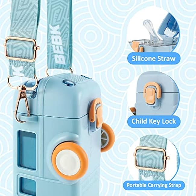 16oz Bus Water Bottle, Car Straw Water Cup, Portable Bus Water Bottle with Shoulder Strap, Leak-Proof Kids Small Square Drinking Cup, Cute Cartoon Toy Locking Flip Lid Water Kettle for Kids (Blue)