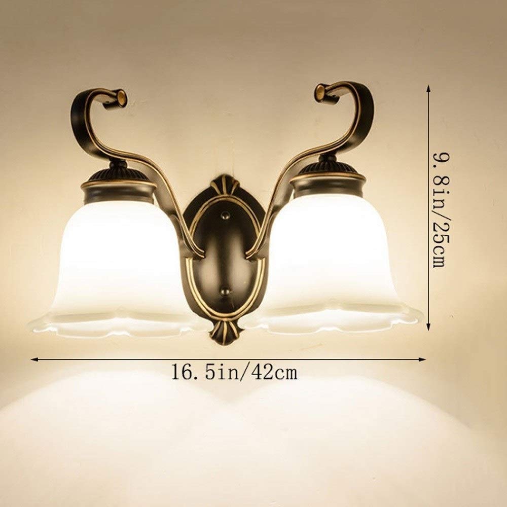 American Country Elegante Retro-Wandleuchte Schlafzimmer Nacht Leselampen Loft Wohnzimmer Veranda Schwarz Finish Wandleuchte Eisenbefestigung Milchweiß Schatten Laterne Innen-Doppelkopf-Wandleuchte