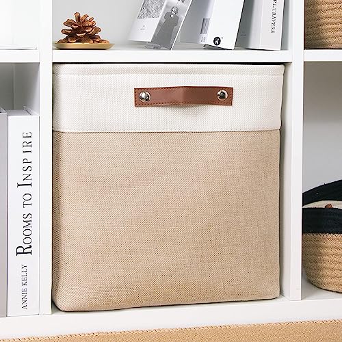 Image of DULLEMELO Cube Storage Bin 13x13,Collapsible Fabric Storage Cube for Organizing,Cubby Storage Basket for Shelves,Closet,Laundry,Nursery,Toys,Clothes (White&Khaki)