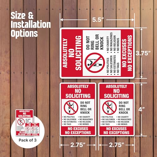 smartsign absolutely no soliciting stickers no excuses no exceptions do not ring bell knock decals set pack of 3 one 37534x5534 amp two 27534x434 made in usa