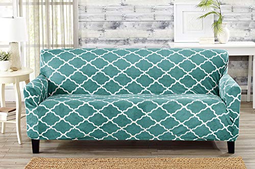 Great Bay Home Modern Velvet Plush Sofa Slipcover. Strapless One Piece Stretch Couch Cover. Sofa Cover for Living Room. Magnolia Collection Slipcover. (Sofa, Aqua)