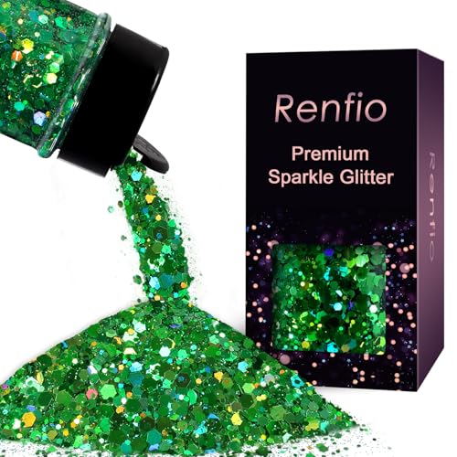 Renfio Holographic Chunky Glitter 1.76oz/50g Laser Green Glitter for Snowglobe Tumbler Green PET Flake Mixed Fine Powder for Snowglobe Tumbler Craft Epoxy Resin Festival Decor Nail Slime