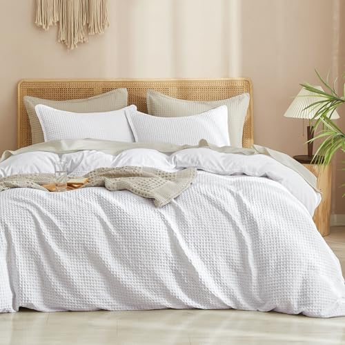PHF Waffle Weave Duvet Cover Set Single Size, Ultra Soft Luxury Textured Breathable Comforter Cover for All Season 3pcs, Durable Bedding Duvet Set with 2 Pillow Shams, 135x200cm+50x75cm(2), White