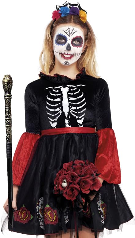 Gojoy shop-Disfraz de Catrina para Niñas Halloween Canaval(Contiene:Vestido Bordada con Flore Colorea Manga Larga,Diadema,Baston y Mochila de Cuerdas.4 Tallas Diferentes) (3-4 años)