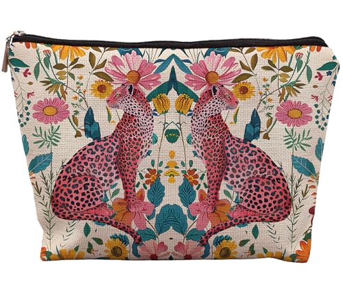 Floral Leopard Makeup Bag, Hot Pink Preppy Leopard Cheetah Makeup Bag, Preppy Stuff, Leopard Print Gifts for Women, Floral Cosmetic Bag Makeup Pouch