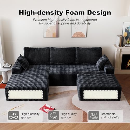 Image of Modular Sectional Sofa Couches L-Shape Couch 3 Seat Modular Sofa Memory Foam Sectional Couches for Living Room (Black, 108 inch+Left Chaise + Ottoman)