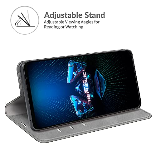 ROVLAK Etui Compatible avec ASUS ROG Phone 5 Housse de Protection Anti-Choc Etui en Cuir PU Aimant+Int¨¦Rieur en Silicone TPU Case Wallet Coque Compatible avec ASUS ROG Phone 5 Smartphone,Gris