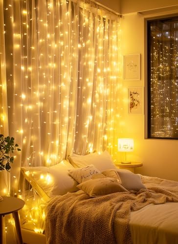 Image of Brightown 2 Pack 300 LED Fairy Curtain Lights, 9.8ft x 9.8ft String Lights | Warm White USB Plug in 8 Lighting Modes Christmas String Hanging Lights with Remote for Bedroom Indoor Outdoor Party