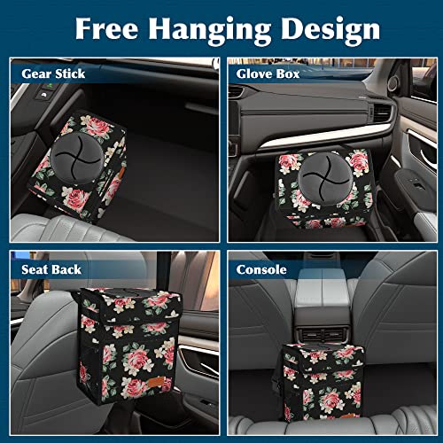 Image of Femuar Car Trash Can Leak Proof Car Trash Bag Waterproof Car Garbage Can with Lid for SUV Front Seat Multipurpose Car Hanging for Headrest Collapsible and Portable with Storage Mesh Pocket, Flower