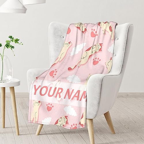 Personalized Cat Blanket Gifts with Name - 30"x40" Cute Throw for Kids & Adults - Pink Soft Fuzzy Blankets for Couch & Office