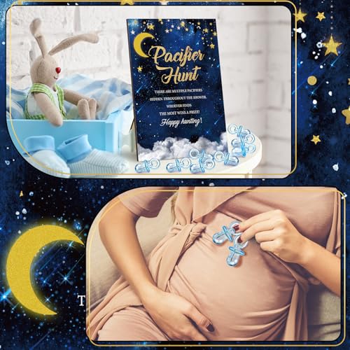 Image of Thyle 51 Pcs Over The Moon Pacifier Hunt Baby Shower Games Include Navy Blue Starry Night Hunt Sign and Acrylic Pacifiers Moon Theme Baby Shower Game Decoration Gift Sets for Gender Reveal Party Decor