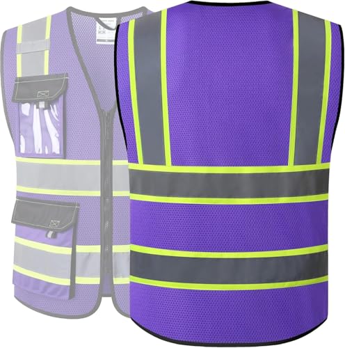 Image of JKSafety Hi Vis Reflective Safety Vests for Men Women High Visibility Vest with Pockets Mesh Fabric Construction Safety Apparel Neon Vest for Work (220-PurpleB S)