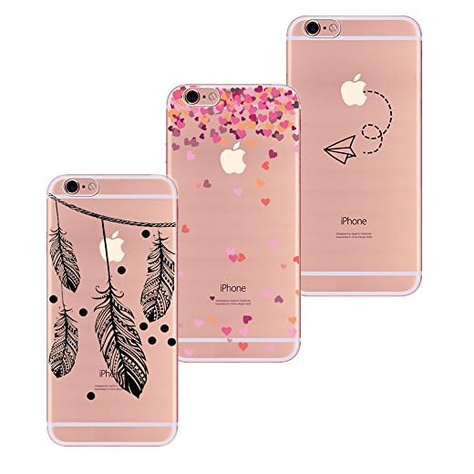 Freessom Lot de 3 Coque iPhone 6/6s Transparent Motif Silicone Apple Plume Fleur Rose Kawaii Souple Dessin Noir Originale Fantaisie Fine Chic Anti Choc Protecteur Case Housse Etui Cadeau Pas Cher