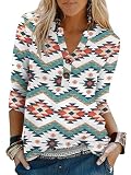 Binshre Womens Western Tops 3/4 Length Sleeve Shirts Graphic Cowboy Chic Shirts for Women Henley V Neck Cactus Desert Print Loose Casual Fall Tunic Blouses Tees