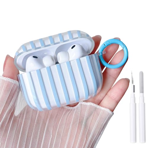Image of MINSCOSE for AirPods Pro 3rd Generation Case,Cute Striped Aesthetic Pattern Design with Trendy Keychain Ring,Soft TPU Protective Shockproof Cover with Cleaner Kit for Airpods Pro 3-Clear Blue