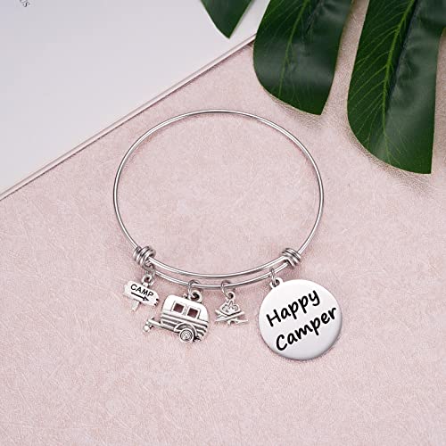 Aesnefe Happy Camper Charm Bracelet Expandable Bangle, Rv Camping Gifts For Women Teens, Outdoors Nature Campfire Gift For Camper Lover, Travel Trailers Vacation Jewelry Gift #TOP1