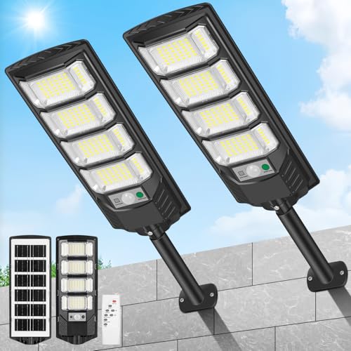 LEKIA Lampione Solare LED Esterno, 2 Pezzi 192 LED Lampioni Stradale Solari ad Energia dal Tramonto All'alba, 320° 6500K Lampada Solare con Sensore di Movimento Telecomando per Cortile Giardino