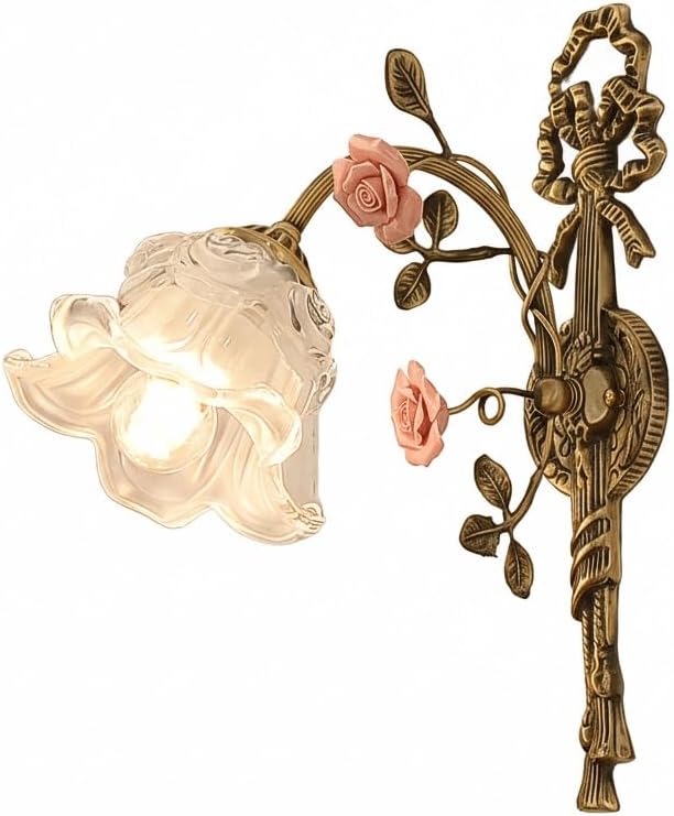 European Vintage Wall Sconce, Romantic Full Brass Lamp with Wall Light Ornate Ceramic Roses, Bell-Shaped Glass Shade & Embossed Wall Mount, Finish E14 Light Fixture for Bedroom(Milky White)