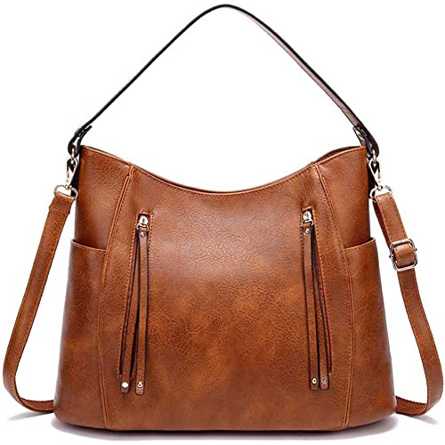 Womens Leather Crossbody Bags Retro Double Zipper Tassel Tote Bag Shoulder Diagonal Bag Brown,Brown