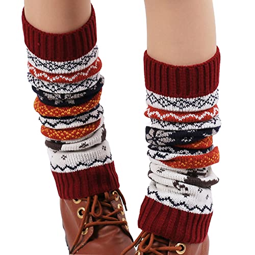FGFD&OU Stülpen Damen Beinstulpen Gestrickt Verdicken Legwarmers Winter Strickstulpen Warme Knöchelwärmer kinderstulpen Beinwärmer für Frauen und Mädchen Böhmen (Weinrot) Cover
