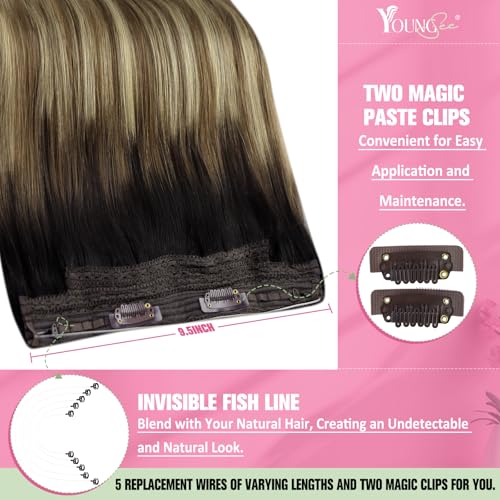 Image of YoungSee 135G Wire Hair Extensions Real Human Hair Ombre, 20 Inch Balayage Human Hair Wire Extensions, Dark Roots to Medium Brown with Blonde, Fish Line Hair Extensions for Women