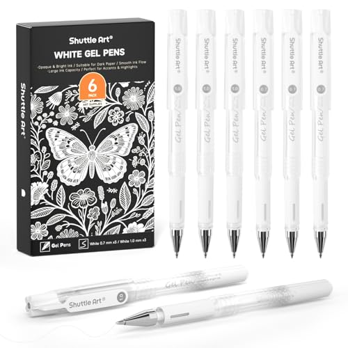 Shuttle Art White Gel Pens, 6 Pack 0.7mm, 1.0mm Gel Ink Pens Fine Point for Black Paper Highlighting Card Making Scrapbooking Coloring Writing Drawing Journaling Note Taking School Office Ho