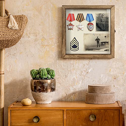 Image of TJ.MOREE Shadow Box 11x11 Memory Display Case Wood Picture Frame Carbonized | Fits 9.4x9.4Inserts with Linen Back & Glass, Rustic Keepsake Box for Pet Memorabilia Gifts Wedding Bouquet Military Medals