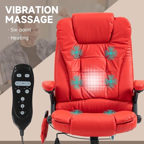 Image of HOMCOM High Back Vibration Massage Office Chair with 6 Vibration Points, Heated Reclining PU Leather Computer Chair with Armrest and Remote, Red