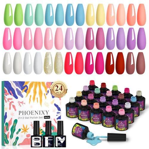 Phoenixy 21 Colori Smalto Semipermanente, 24 Pz Smalti Semipermanenti per Unghie con Base Top e Mat Coat, Bianco Blu Rosa Nudo Colori Smalto Gel Unghie UV Primavera-Estate, Regalo per Donne