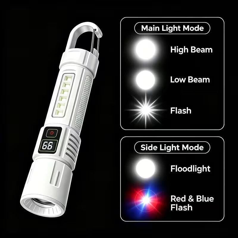 Image of TRENDING Rechargeable LED Flashlight with Side COB Work Light, Digital Battery Display, High /Low Beam, Flash & Red Blue Emergency Strobe, Hanging Hook Torch for Camping, Hiking, Car Repair (White)