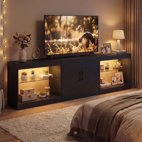 Giantex 77 Modular LED TV Stand for 85 Inch TV Modern Entertainment Center with Power Outlets 16-Color Lights with Remote Adjustable Glass Shelves Media TV Table for Living Room Bedroom (Black)