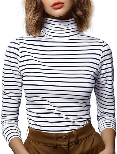 Zengjo Striped Turtleneck Long Sleeve Women(White/Navy Striped,S)