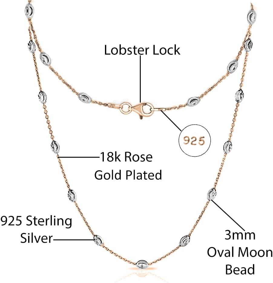Savlano 18K Gold Plated Over 925 Sterling Silver Station Oval Moon Bead Necklace Chain For Women. Silver, Gold, Rose Gold - Made in Italy Comes With a Gift Box - Image 2