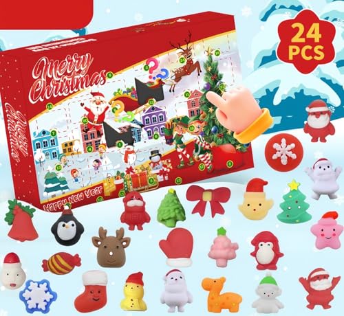 KAHEIGN Calendario de Adviento 2025, Cuenta Regresiva de Navidad de 24 Días Con 24 Piezas Juguetes Blandos Mochi para niños de 3 a 9 años Navideños Regalos Fiesta Decoración (26cm x 21cm)