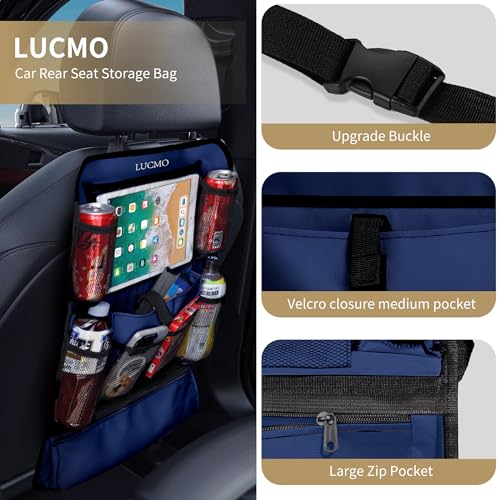 Image of LUCMO Car Backseat Organizer with Touch Screen Tablet Holder,Dark Blue | 2 Pcs,9 Storage Pockets,Clear Tablet Holder,Protectors Kick Mats,Travel Accessories,Seat Cover,Road Trip Essentials