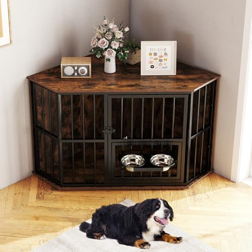 COSTWAY Eck Hundekäfig Möbel, Hundehütte mit verstellbarem Futterspender, 2 Edelstahlnäpfen & abschließbarer Tür, Hundebox aus Holz und Metall, für kleine mittelgroße Hunde, Indoor, Braun