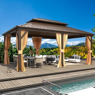 MELLCOM 12'x18' Hardtop Gazebo, Metal Double Roof Aluminum Gazebos with Curtain and Netting,Brown Permanent Galvanized Steel Pavilion for Patio, Lawn & Deck