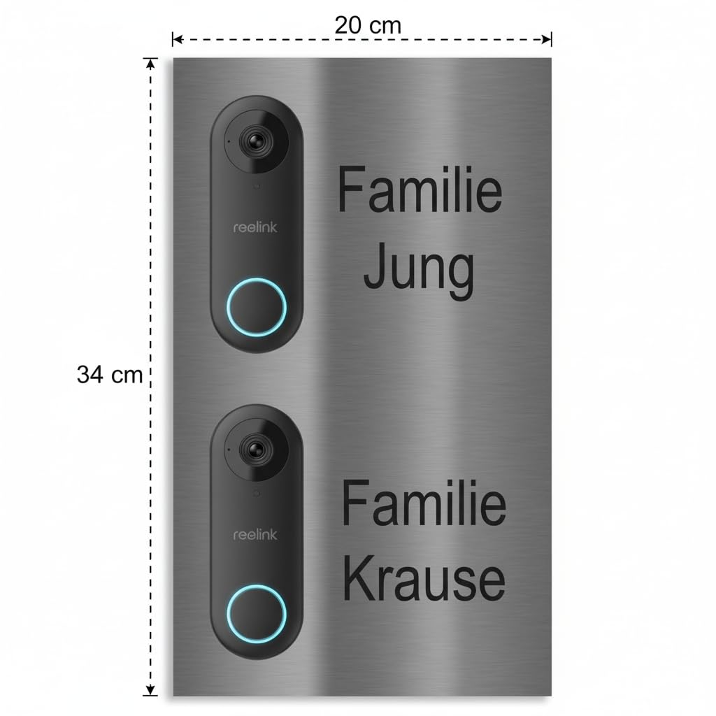 Jung Edelstahl Design Türschild für Reolink Türklingel Doppel 200x340mm – V2A Edelstahl 1,5mm, 2 Familienhaus, personalisierbar (Lasergravur/UV-Druck) (V2A Edelstahl)