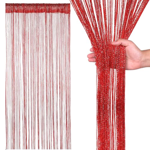 XUZWECP Metallvorhänge, Glitzertür, Vorhangwandpaneele, Quasten-Metallvorhänge, rote Wandquasten-Dekorationsvorhänge, Raumtrennwände, Sichtfenster, geeignet für Hochzeiten, Cafés und Restaurants