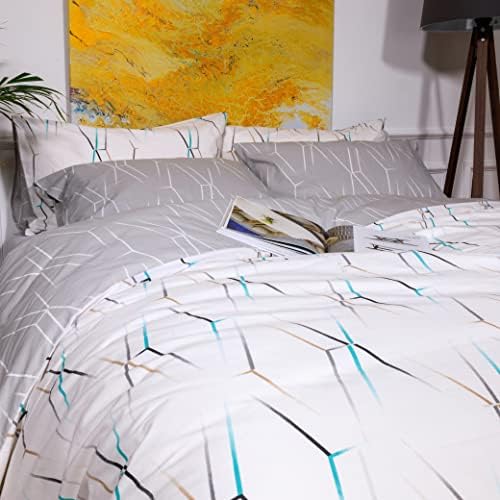 LERUUM King Size Bedding Cotton Duvet Cover Set Blue Floral Striped Reversible Pattern Quilt Cover Set (King Size Blue)