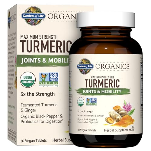 Garden of Life Organics Maximum Strength Turmeric Joints & Mobility Support 30 Tablets - 500mg Curcumin (95% Curcuminoids) Black Pepper - Organic Non-