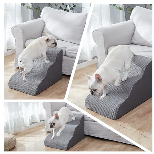 Dog Ramps for Small Dogs and Aging Dogs with Joint Pain Under 25 Ibs,Gentle Slope High Density Foam Pet Stairs for Couch and Bed (Grey Suede, 3-Step) - Thumbnail 5