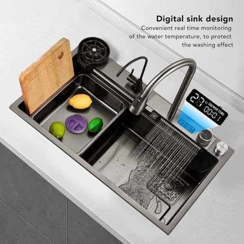 Évier intelligent numérique double cuve en acier inoxydable brossé