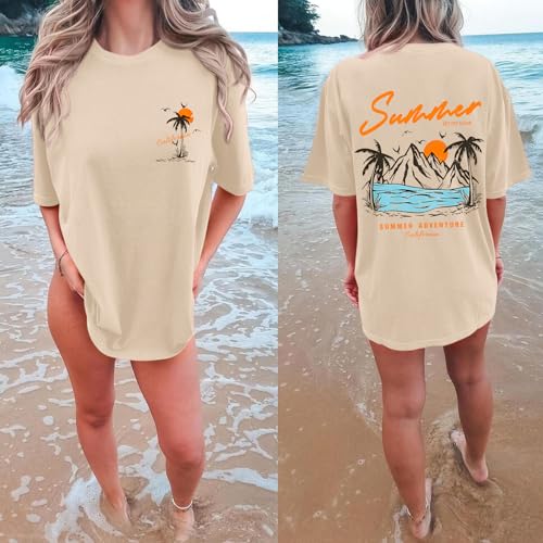KEEVICI California T Shirt Beach Oversized Graphic Tees for Women Vintage Adventure Shirts Baggy Summer Cotton Vacation Tops2