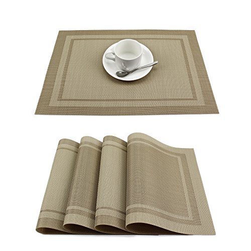 GEFEII Manteles individuales de vinilo tejido resistentes al calor, resistentes a las manchas, antideslizantes, lavables, de PVC, para cocina, cena, fiesta (beige, 6)