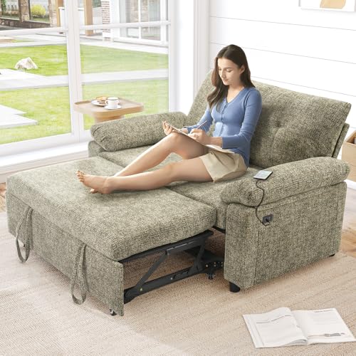 Vipbear 3-in-1 Convertible Sofa Bed, Pull Out Sleeper Sofa with USB Charging Station & Adjustable Backrest, Loveseat with Side Pocket for Living Room, Apartment, Tool-Free Assembly, Chenile Light Grey